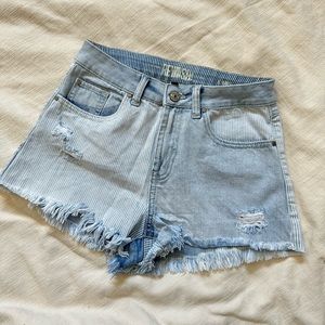 light wash color block jean shorts